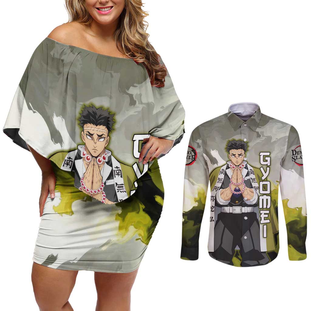 Gyomei - Demon Slayer Couples Matching Off Shoulder Short Dress and Long Sleeve Button Shirt Anime Style