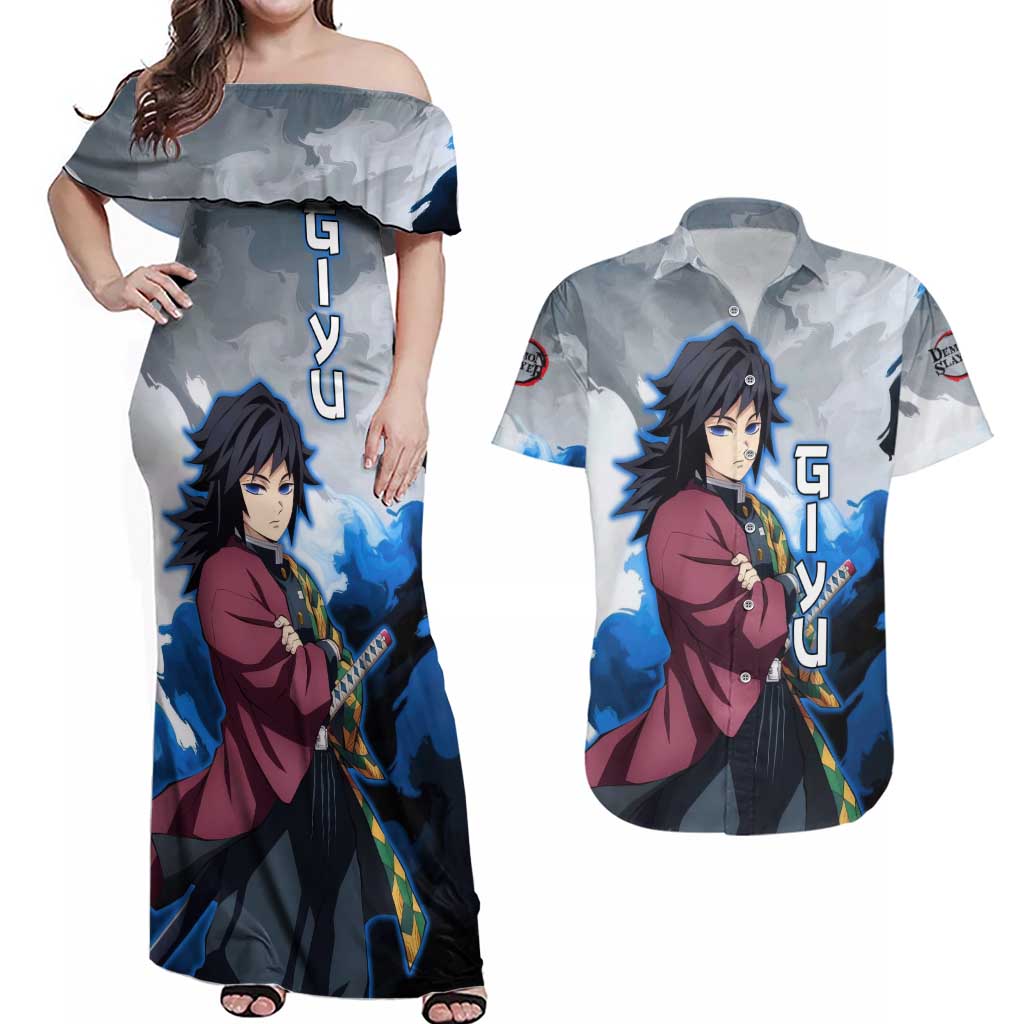 Giyu Tomioka - Demon Slayer Couples Matching Off Shoulder Maxi Dress and Hawaiian Shirt Anime Style