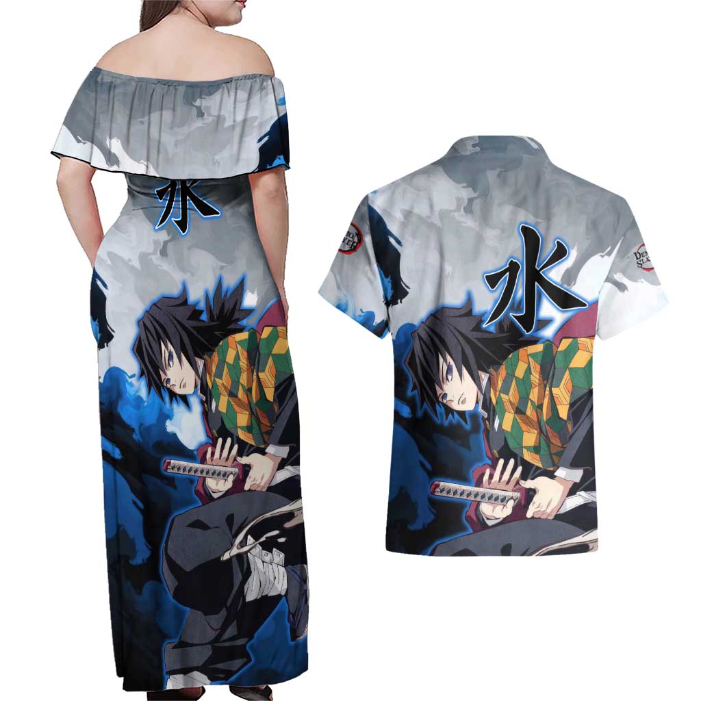 Giyu Tomioka - Demon Slayer Couples Matching Off Shoulder Maxi Dress and Hawaiian Shirt Anime Style