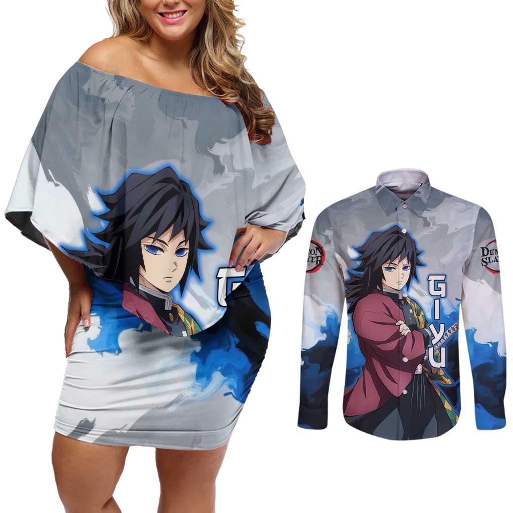 Giyu Tomioka - Demon Slayer Couples Matching Off Shoulder Short Dress and Long Sleeve Button Shirt Anime Style