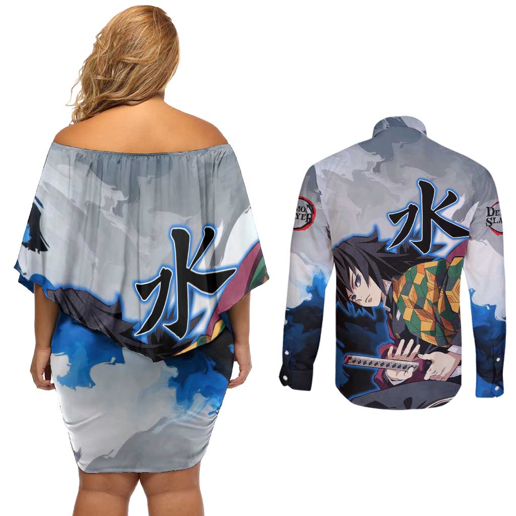 Giyu Tomioka - Demon Slayer Couples Matching Off Shoulder Short Dress and Long Sleeve Button Shirt Anime Style