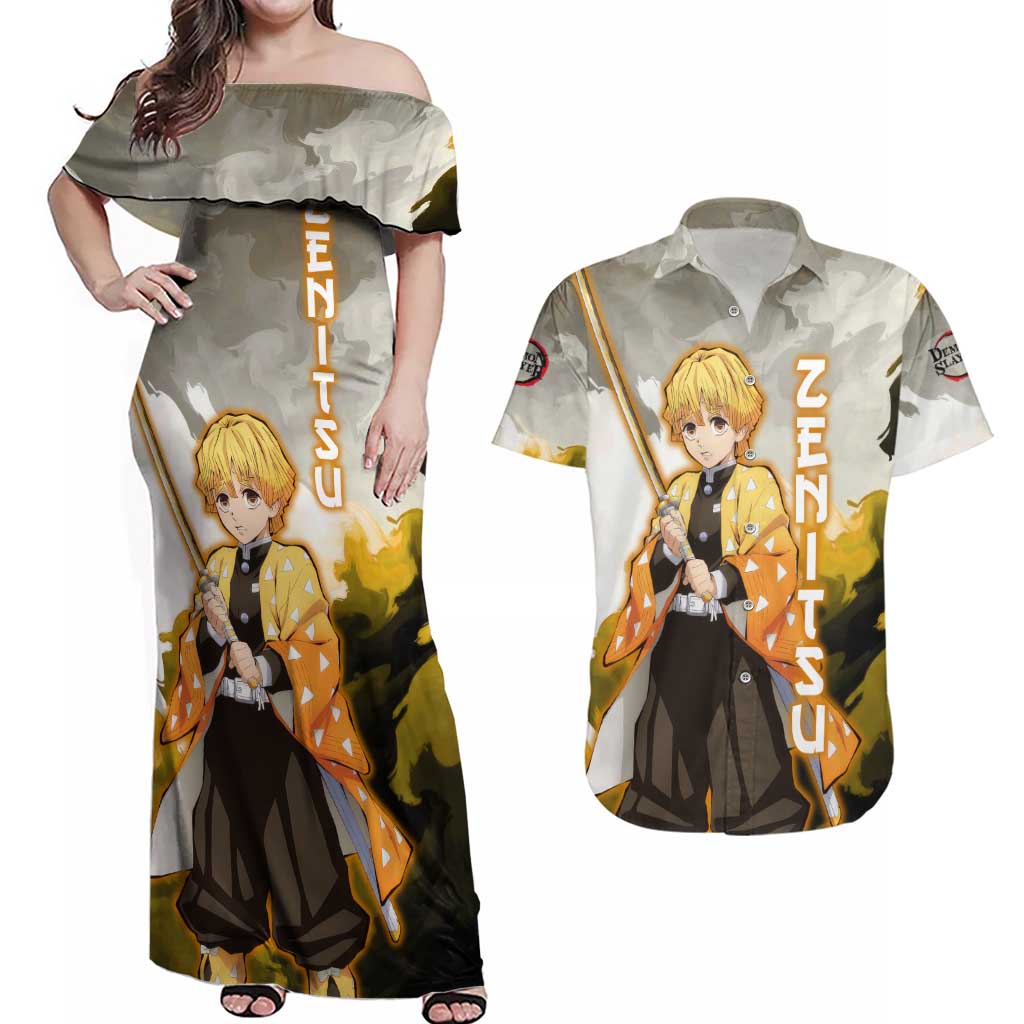 Zenitsu Agatsuma - Demon Slayer Couples Matching Off Shoulder Maxi Dress and Hawaiian Shirt Anime Style