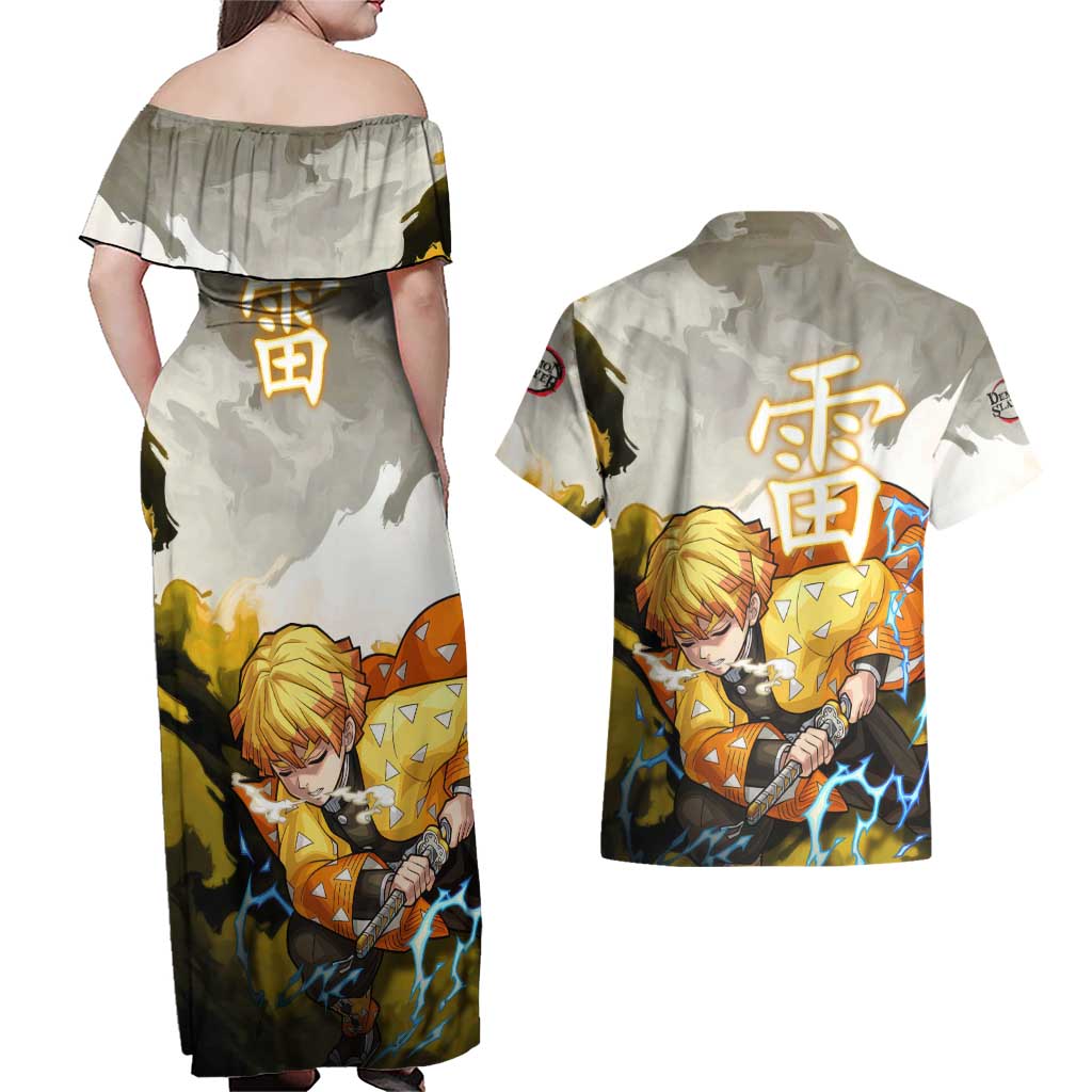 Zenitsu Agatsuma - Demon Slayer Couples Matching Off Shoulder Maxi Dress and Hawaiian Shirt Anime Style