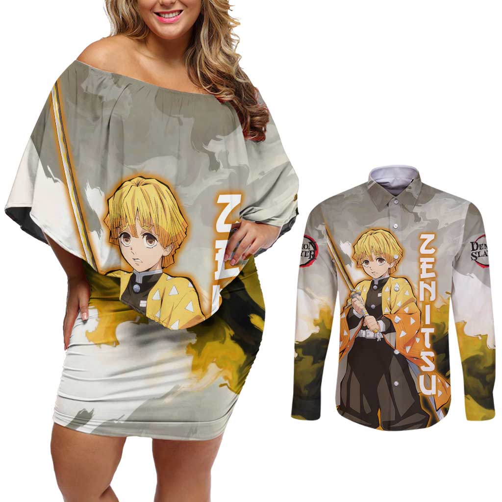 Zenitsu Agatsuma - Demon Slayer Couples Matching Off Shoulder Short Dress and Long Sleeve Button Shirt Anime Style