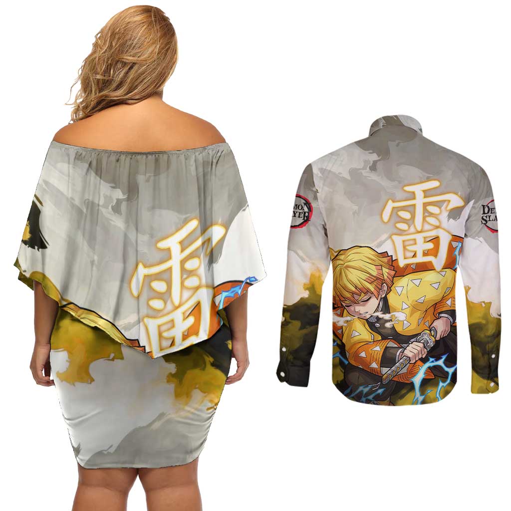 Zenitsu Agatsuma - Demon Slayer Couples Matching Off Shoulder Short Dress and Long Sleeve Button Shirt Anime Style
