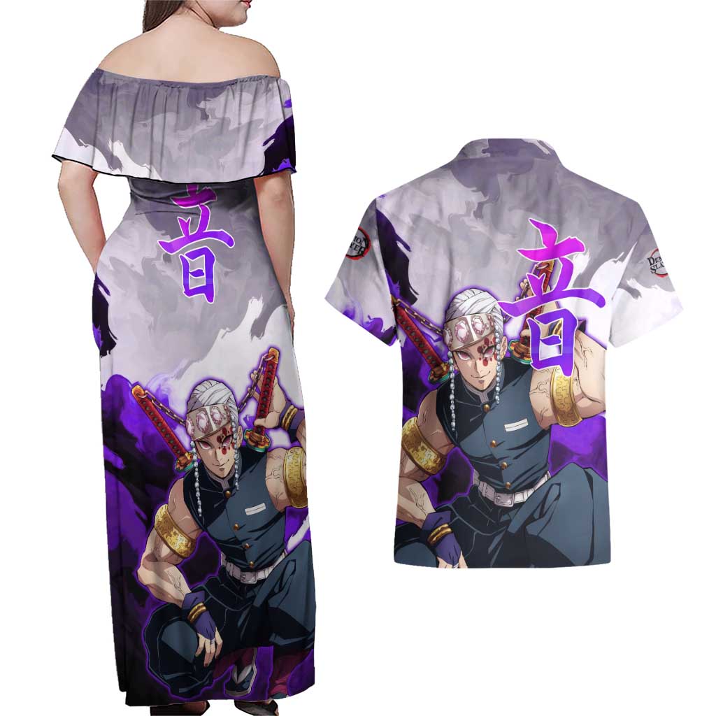 Tengen Uzui - Demon Slayer Couples Matching Off Shoulder Maxi Dress and Hawaiian Shirt Anime Style