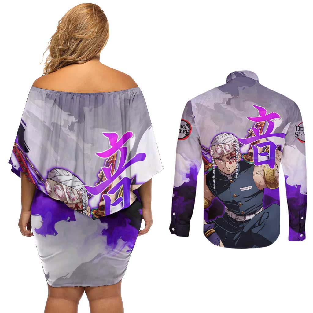 Tengen Uzui - Demon Slayer Couples Matching Off Shoulder Short Dress and Long Sleeve Button Shirt Anime Style