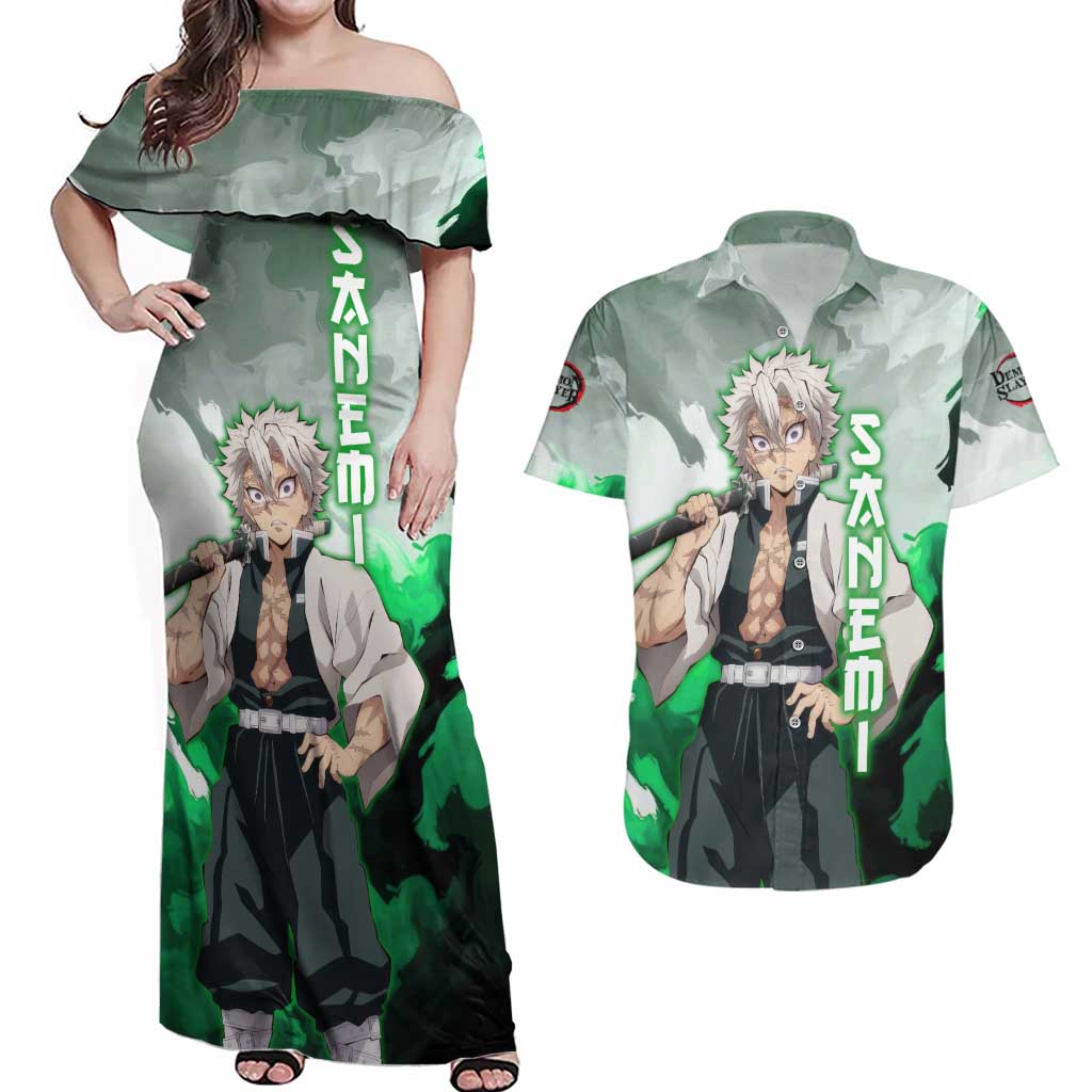 Sanemi Shinazugawa - Demon Slayer Couples Matching Off Shoulder Maxi Dress and Hawaiian Shirt Anime Style