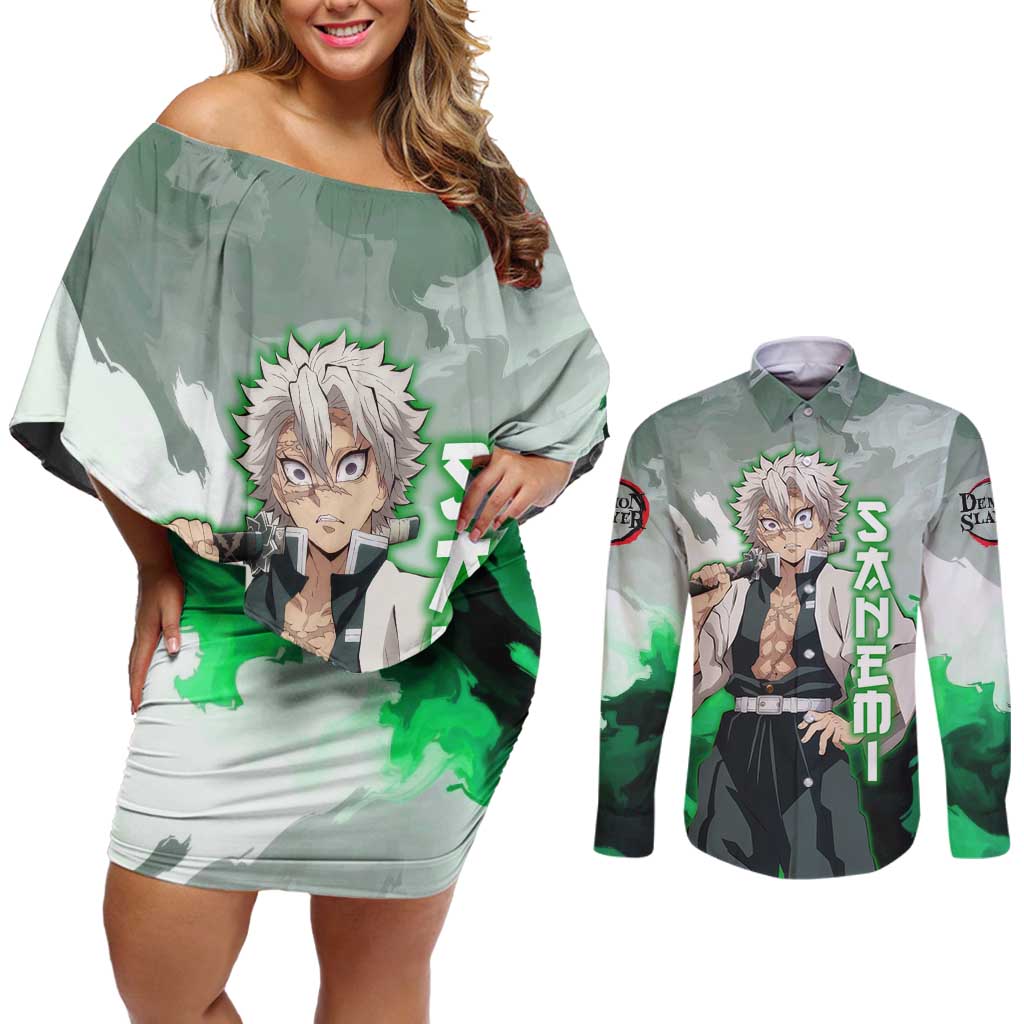 Sanemi Shinazugawa - Demon Slayer Couples Matching Off Shoulder Short Dress and Long Sleeve Button Shirt Anime Style