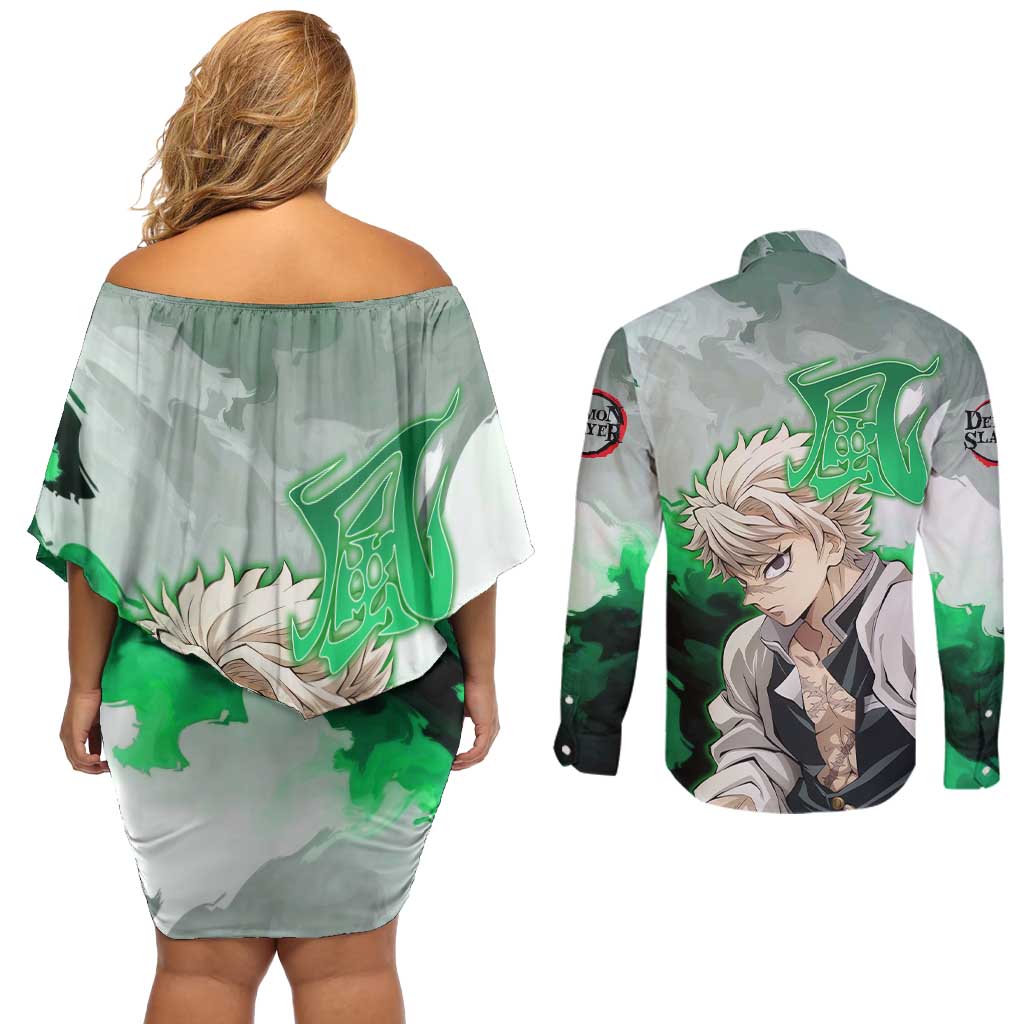 Sanemi Shinazugawa - Demon Slayer Couples Matching Off Shoulder Short Dress and Long Sleeve Button Shirt Anime Style