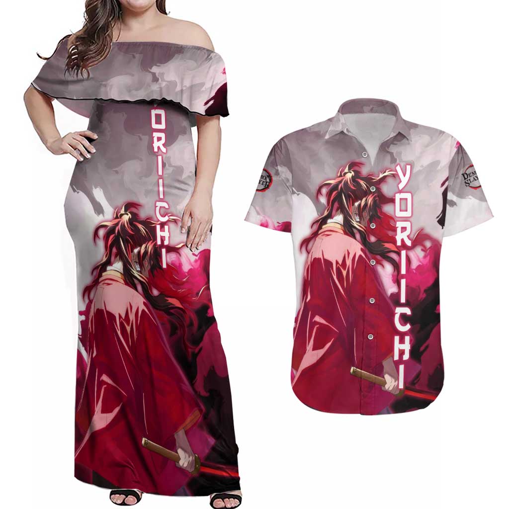 Tsugikuni Yoriichi - Demon Slayer Couples Matching Off Shoulder Maxi Dress and Hawaiian Shirt Anime Style