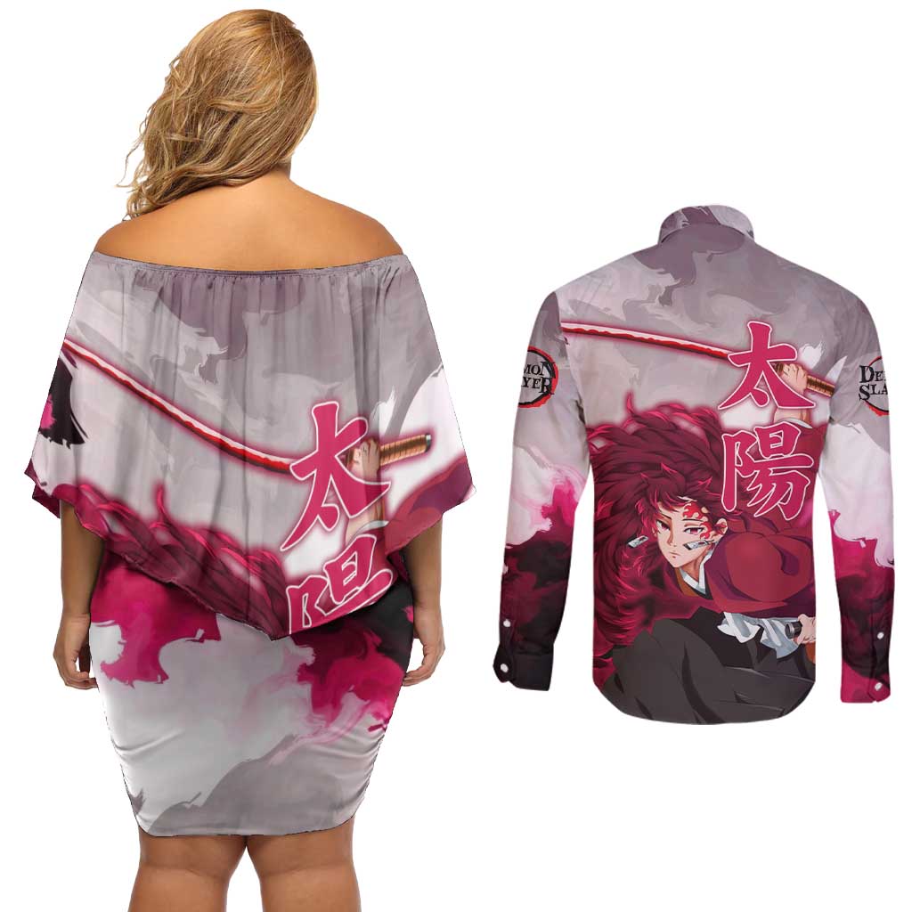 Tsugikuni Yoriichi - Demon Slayer Couples Matching Off Shoulder Short Dress and Long Sleeve Button Shirt Anime Style