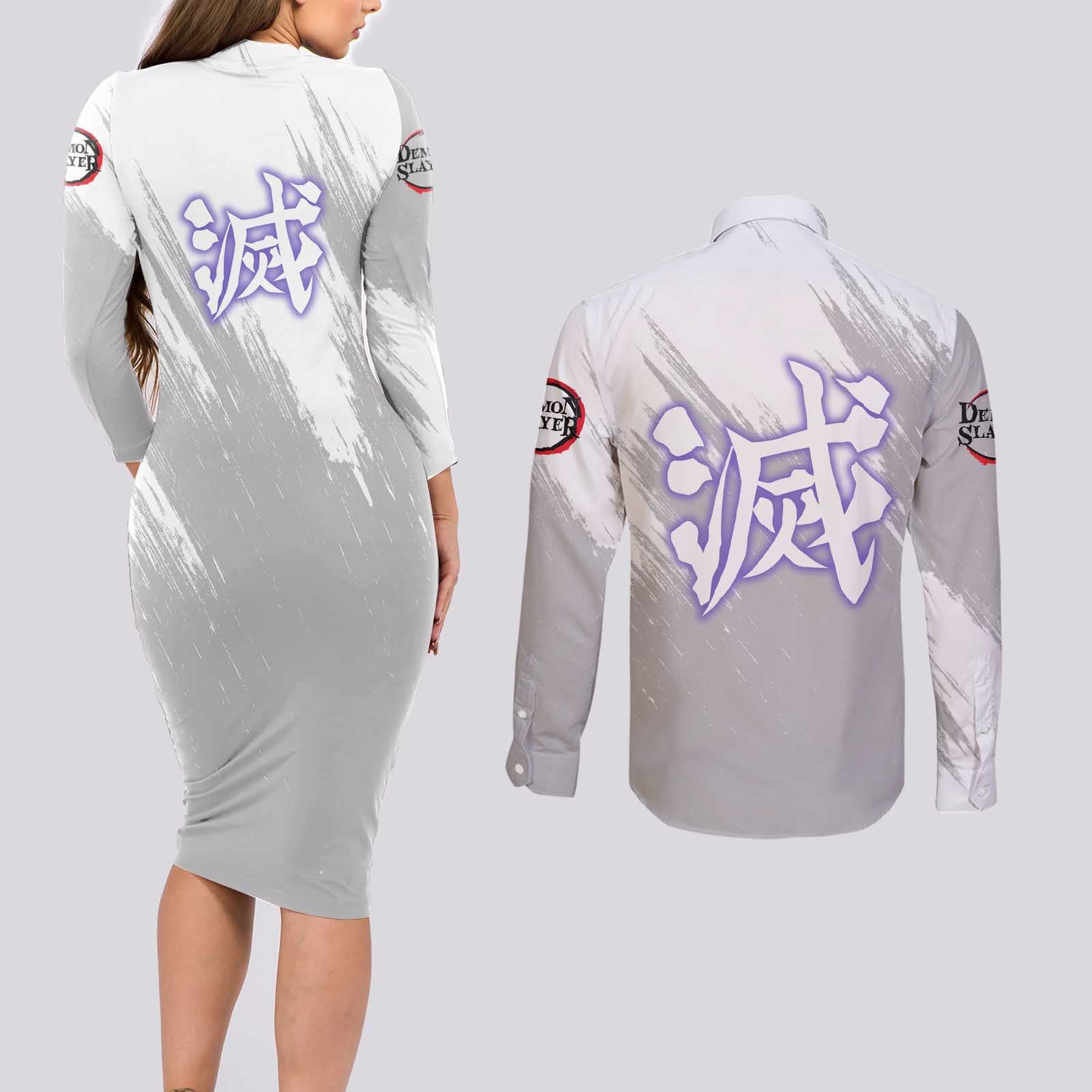 Shinobu Kochou - Semon Slayer Couples Matching Long Sleeve Bodycon Dress and Long Sleeve Button Shirt Anime Style