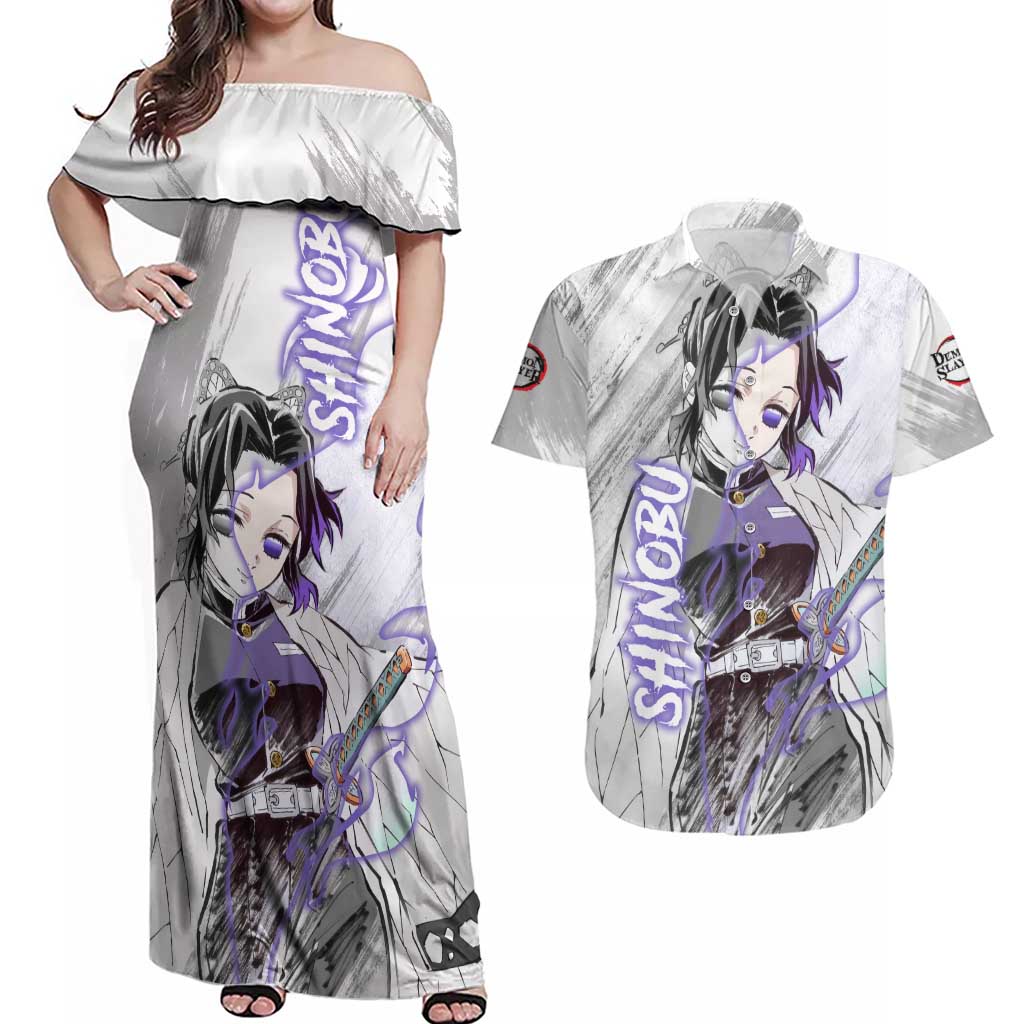 Shinobu Kochou - Semon Slayer Couples Matching Off Shoulder Maxi Dress and Hawaiian Shirt Anime Style