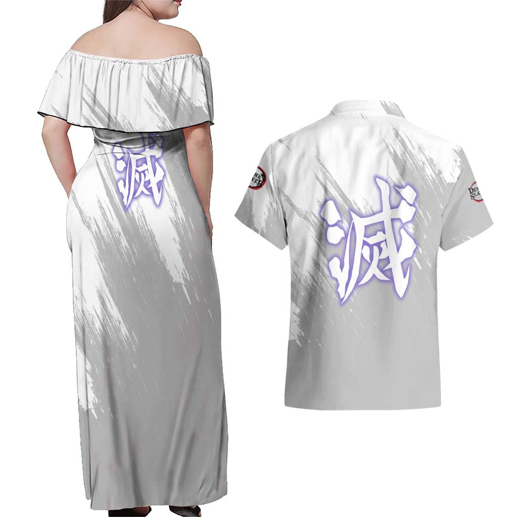 Shinobu Kochou - Semon Slayer Couples Matching Off Shoulder Maxi Dress and Hawaiian Shirt Anime Style