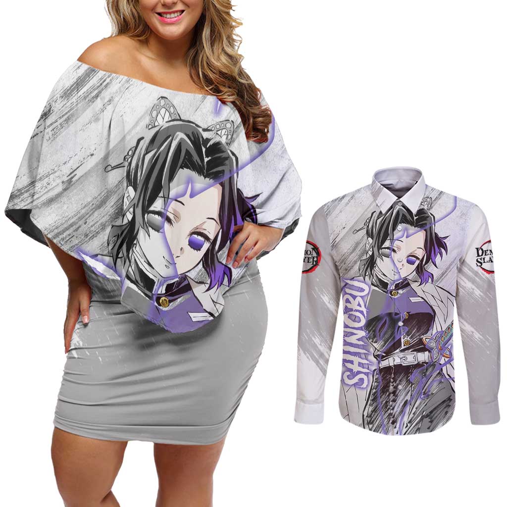 Shinobu Kochou - Semon Slayer Couples Matching Off Shoulder Short Dress and Long Sleeve Button Shirt Anime Style