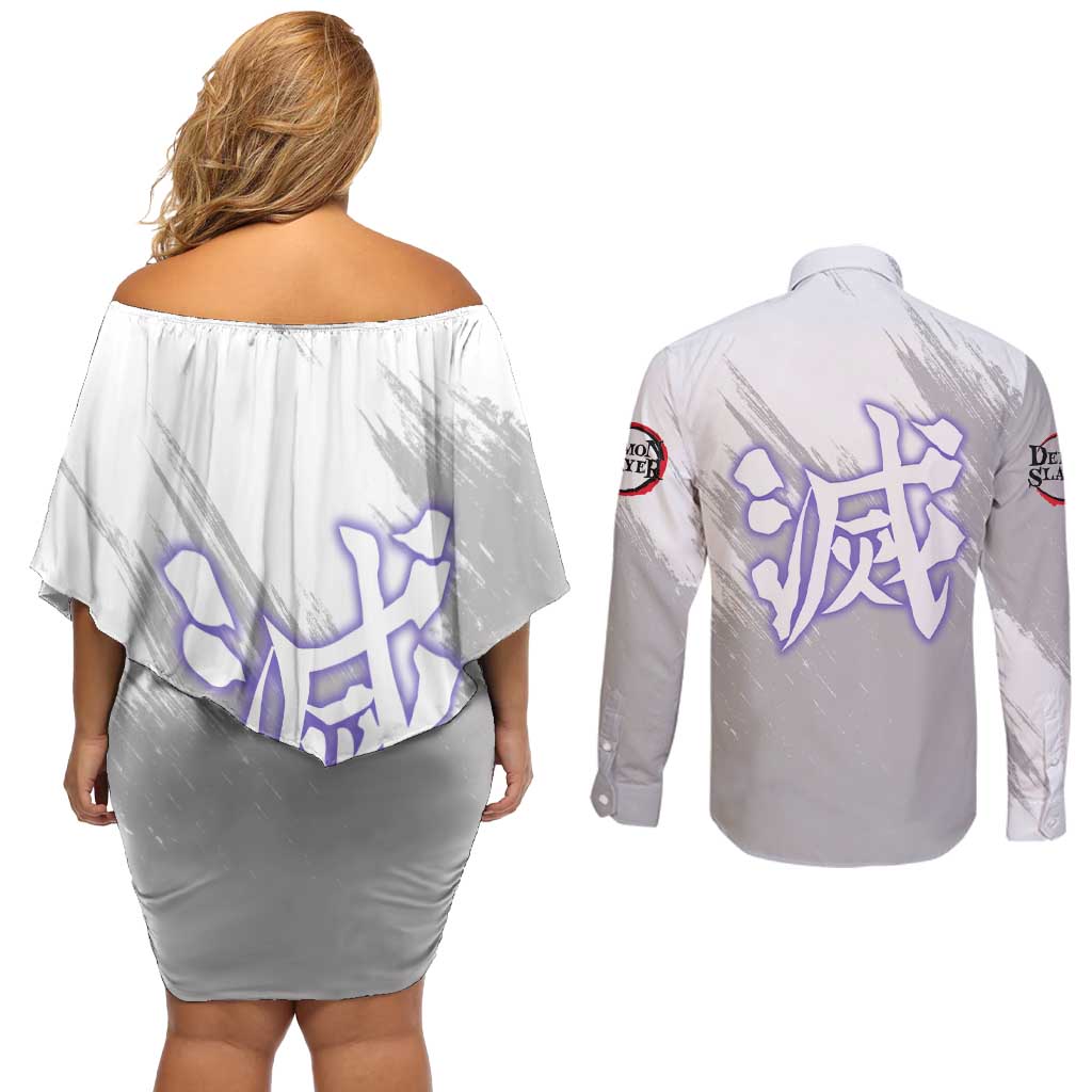 Shinobu Kochou - Semon Slayer Couples Matching Off Shoulder Short Dress and Long Sleeve Button Shirt Anime Style