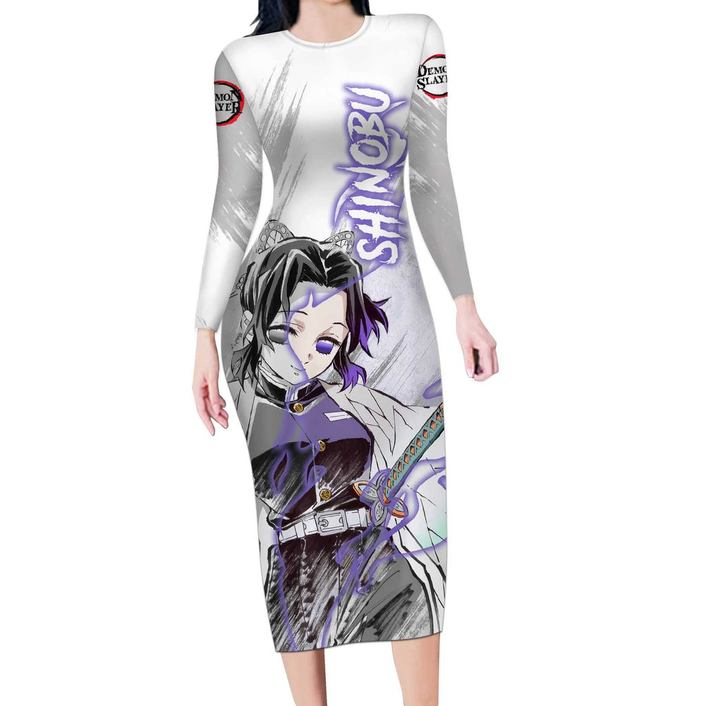 Shinobu Kochou - Semon Slayer Long Sleeve Bodycon Dress Anime Style
