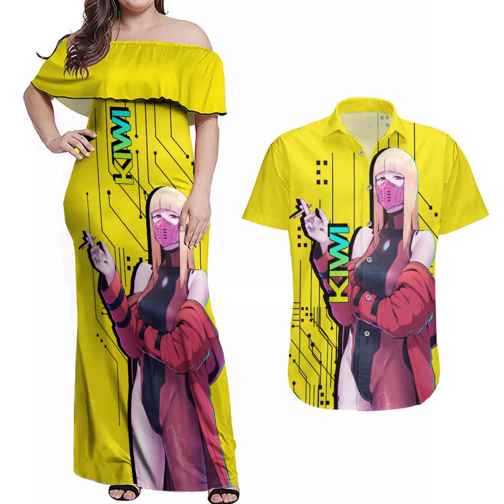 Kiwi - Cyberpunk Edgerunners Couples Matching Off Shoulder Maxi Dress and Hawaiian Shirt Anime Style