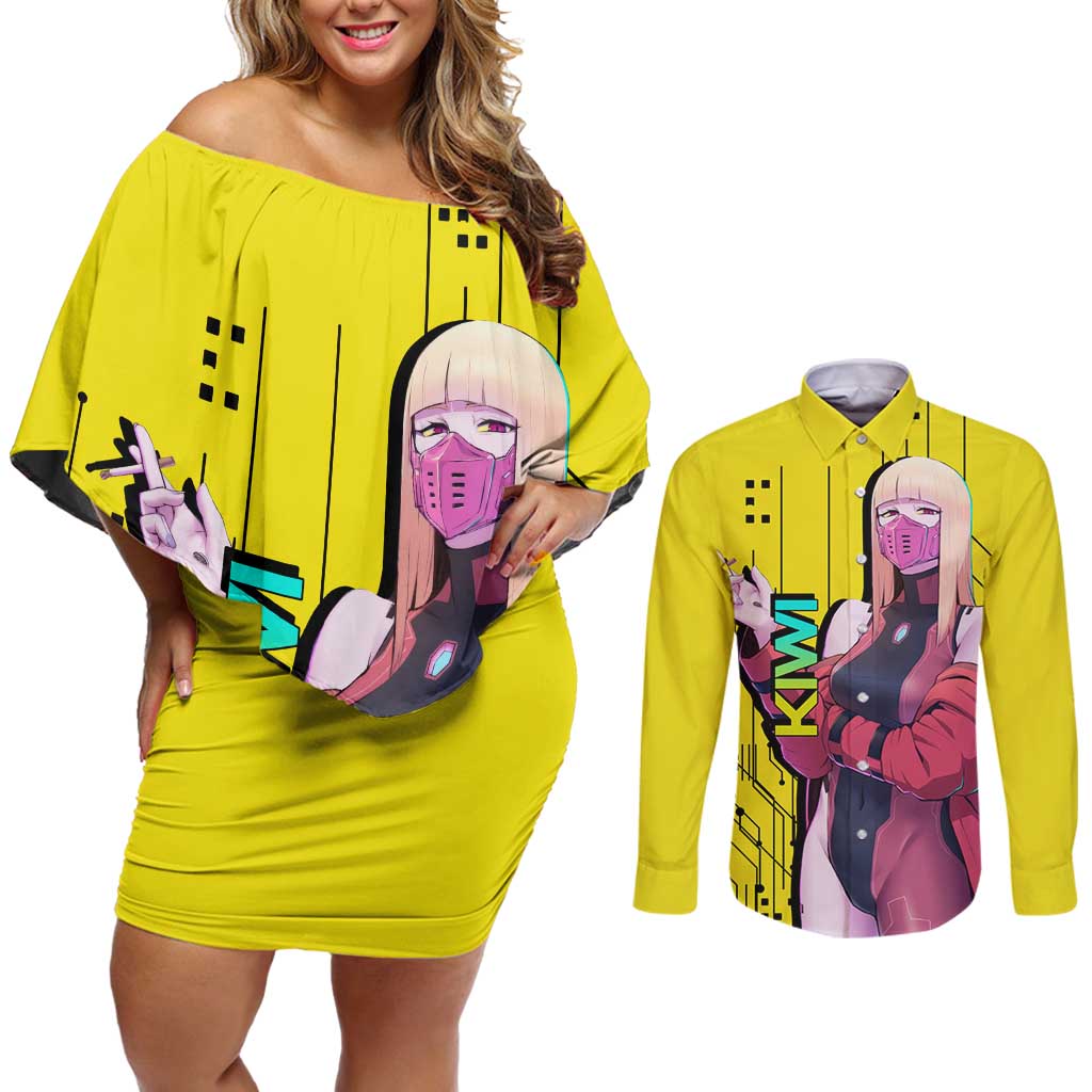 Kiwi - Cyberpunk Edgerunners Couples Matching Off Shoulder Short Dress and Long Sleeve Button Shirt Anime Style