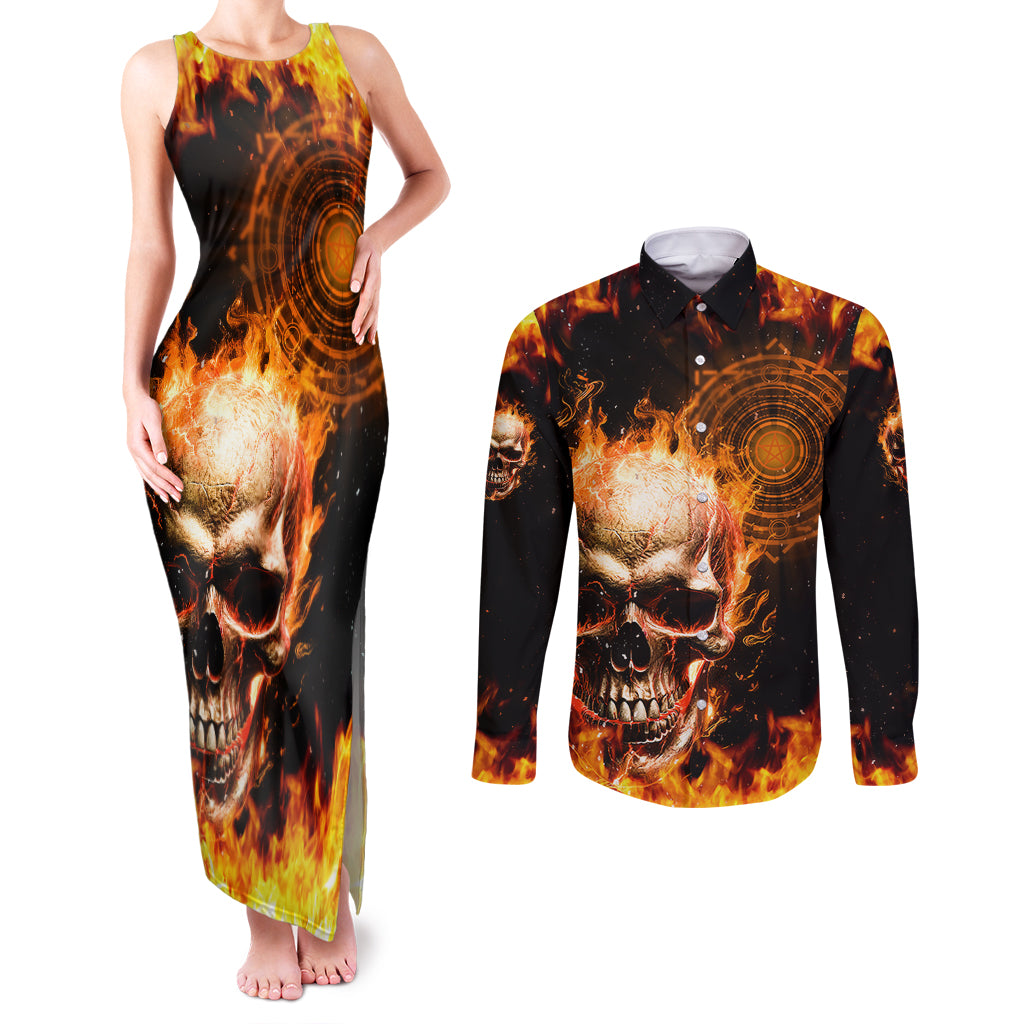magic-fire-skull-couples-matching-tank-maxi-dress-and-long-sleeve-button-shirts-i-cant-go-to-hell-the-devil-still-has-a-rest-training-oder-against-me