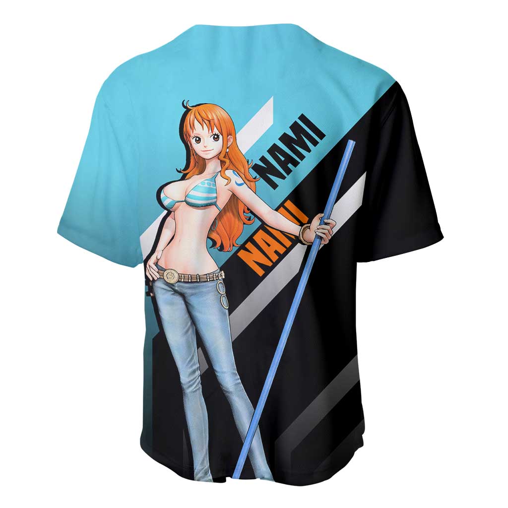 Nami One Piece Baseball Jersey with Weather Staff and Confident Adventure Pose Design - The Mazicc