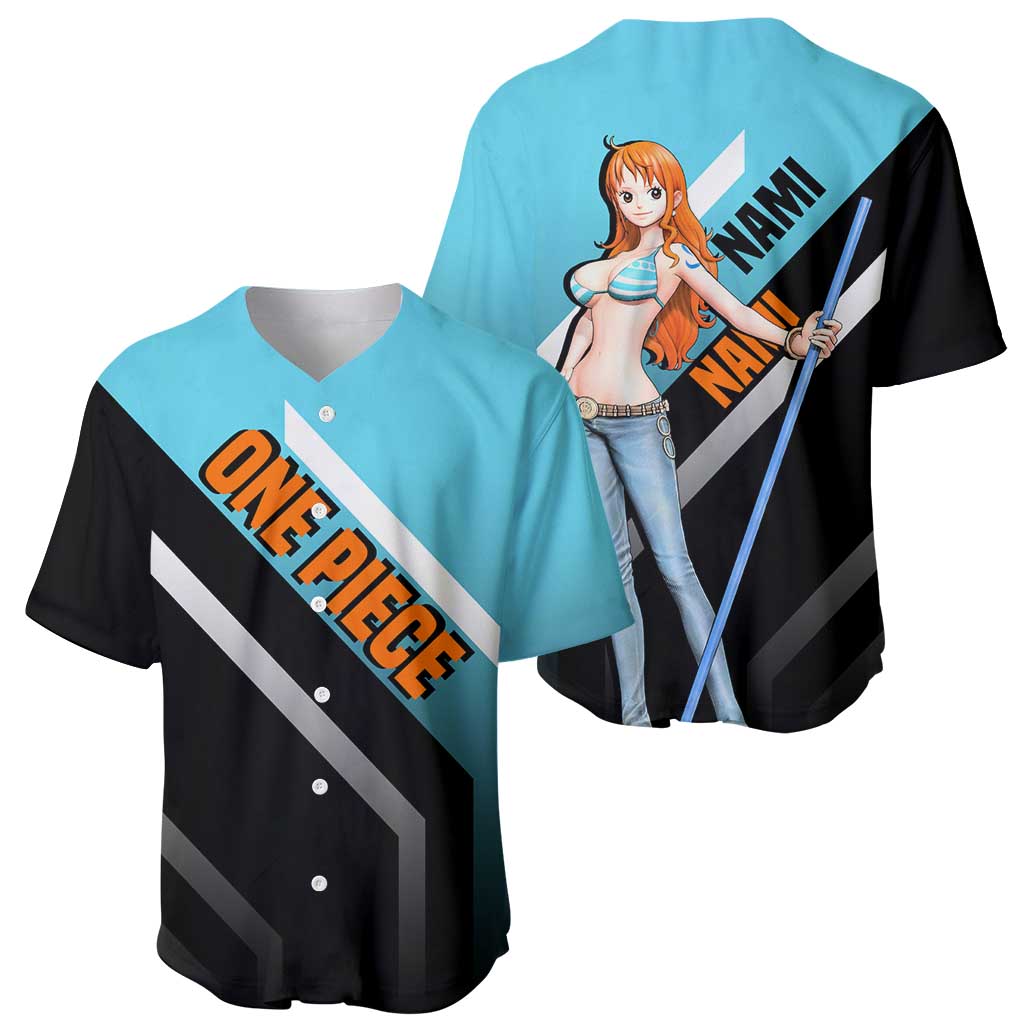 Nami One Piece Baseball Jersey with Weather Staff and Confident Adventure Pose Design - The Mazicc
