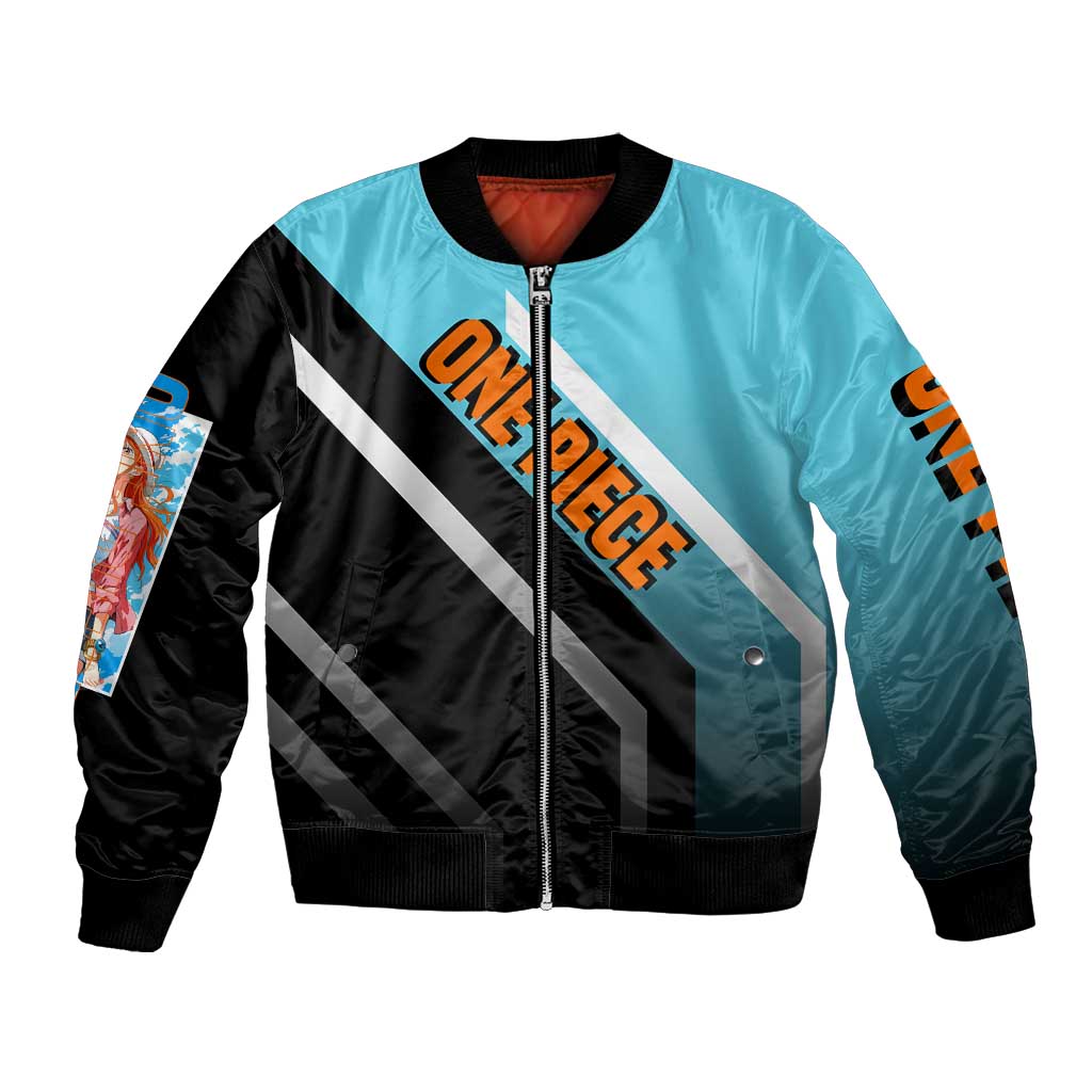 Nami One Piece Bomber Jacket with Weather Staff and Confident Adventure Pose Design - The Mazicc
