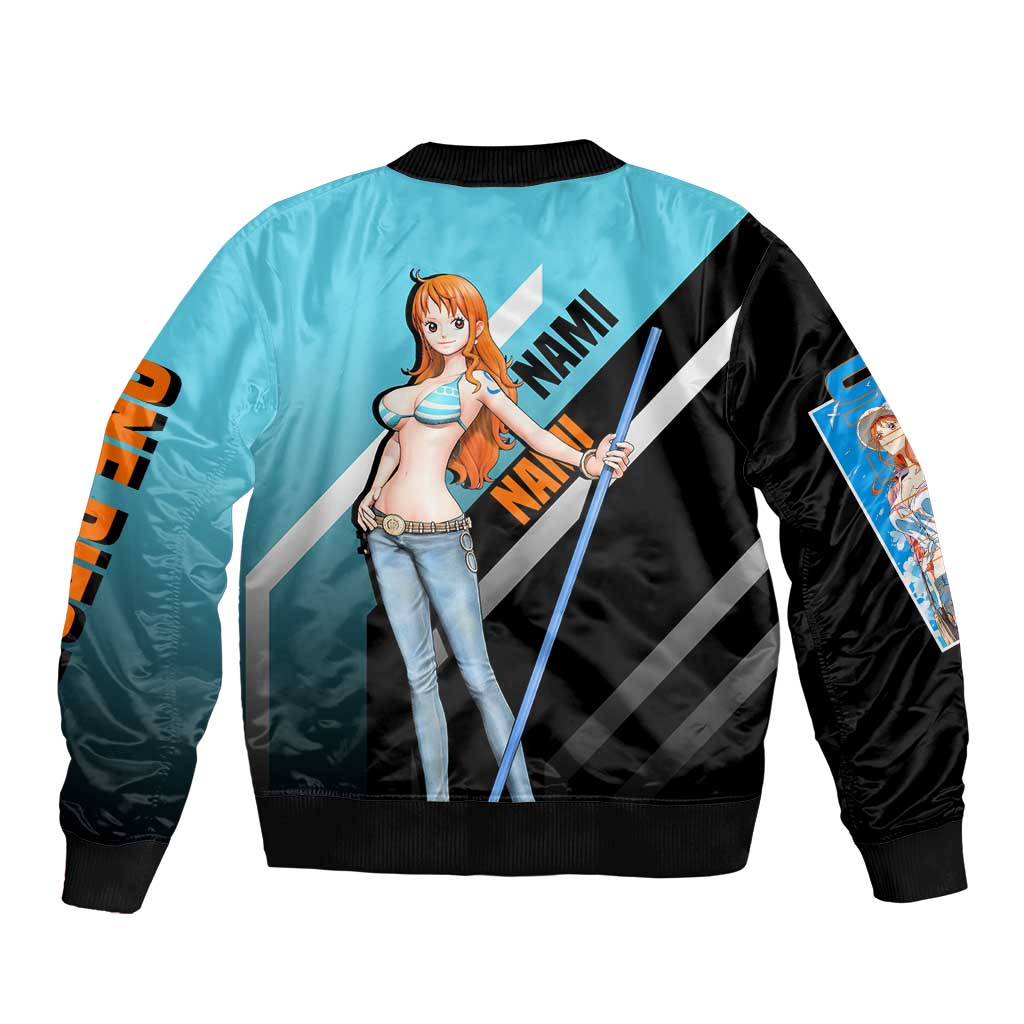 Nami One Piece Bomber Jacket with Weather Staff and Confident Adventure Pose Design - The Mazicc
