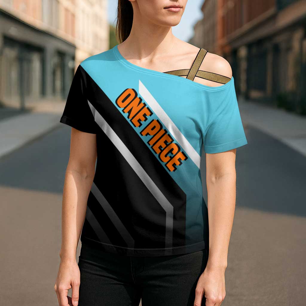 Nami One Piece Cross Shoulder Shirt with Weather Staff and Confident Adventure Pose Design - The Mazicc