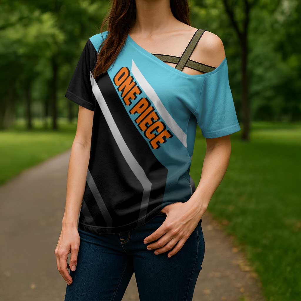 Nami One Piece Cross Shoulder Shirt with Weather Staff and Confident Adventure Pose Design - The Mazicc