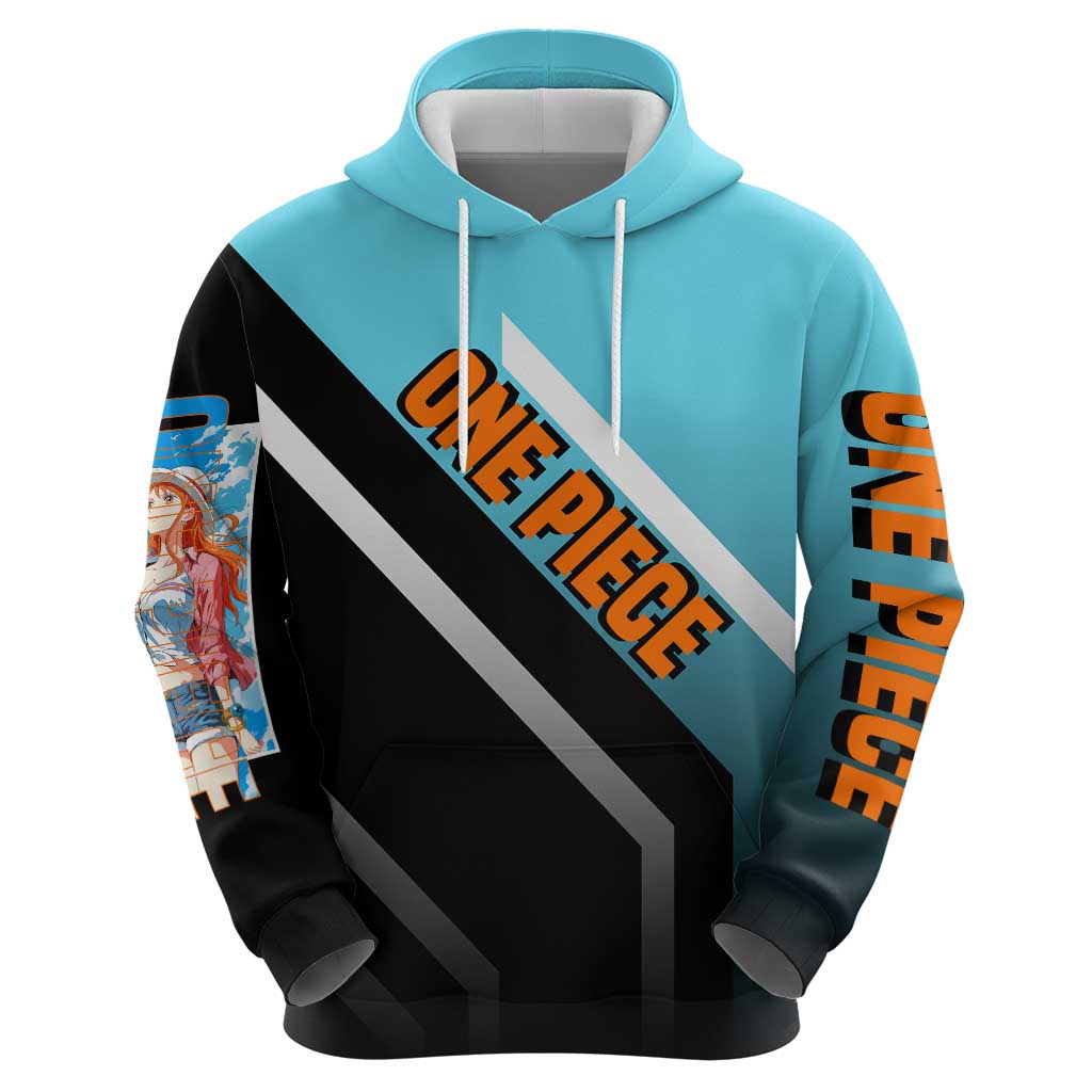 Nami One Piece Hoodie with Weather Staff and Confident Adventure Pose Design - The Mazicc