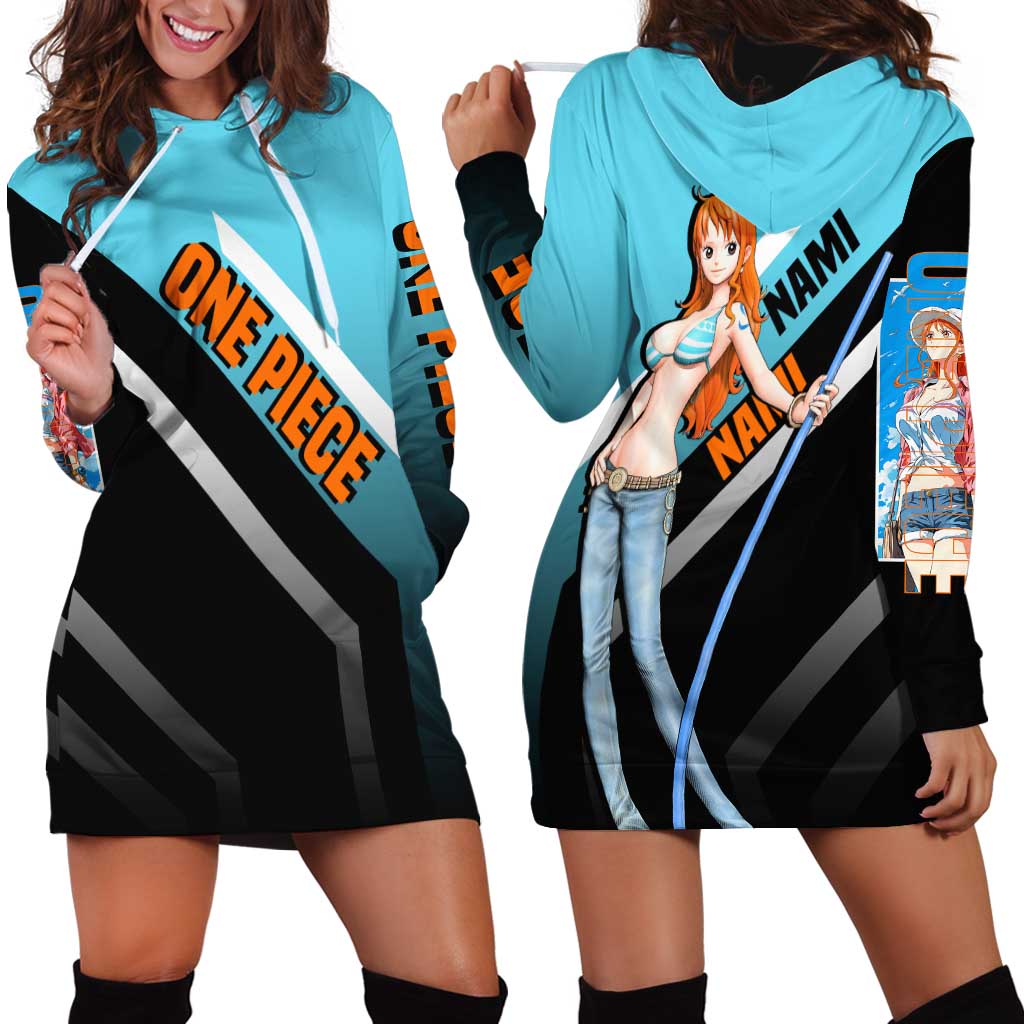 Nami One Piece Hoodie Dress with Weather Staff and Confident Adventure Pose Design - The Mazicc
