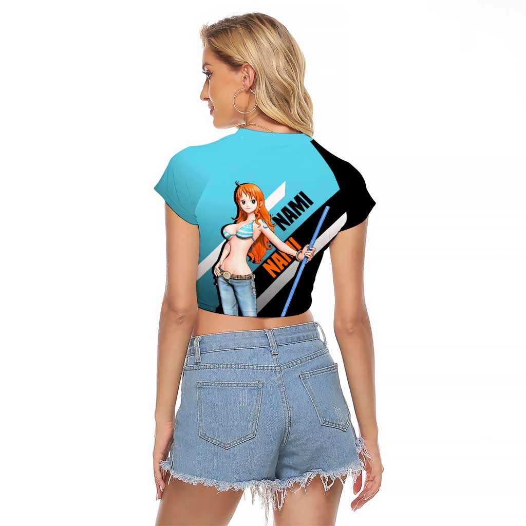 Nami One Piece Raglan Cropped T Shirt with Weather Staff and Confident Adventure Pose Design - The Mazicc