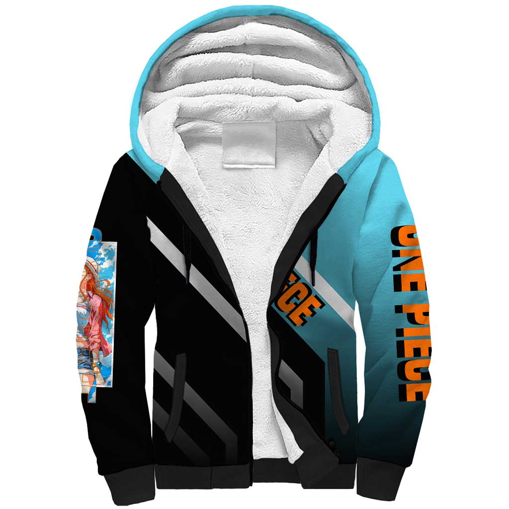 Nami One Piece Sherpa Hoodie with Weather Staff and Confident Adventure Pose Design - The Mazicc
