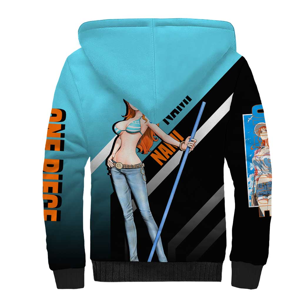 Nami One Piece Sherpa Hoodie with Weather Staff and Confident Adventure Pose Design - The Mazicc