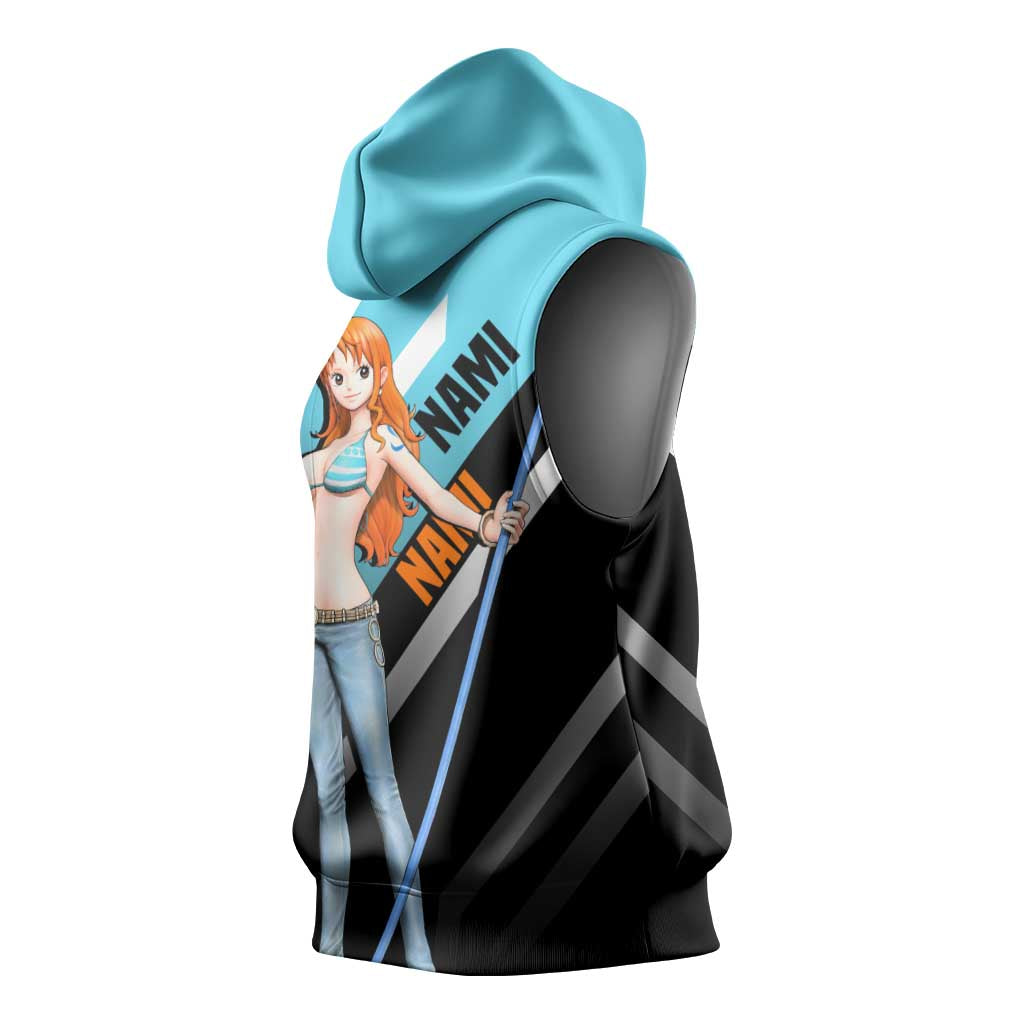 Nami One Piece Sleeveless Hoodie with Weather Staff and Confident Adventure Pose Design - The Mazicc