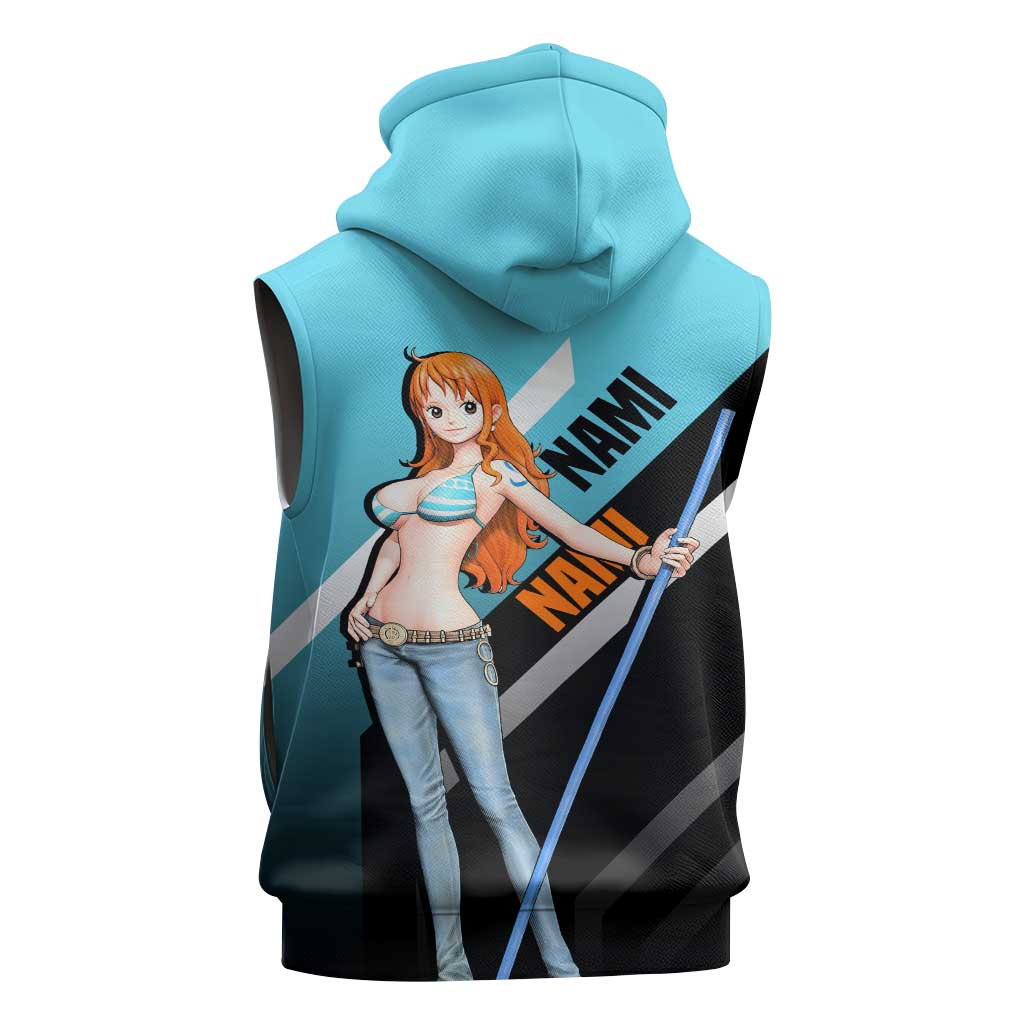 Nami One Piece Sleeveless Zip Hoodie with Weather Staff and Confident Adventure Pose Design - The Mazicc