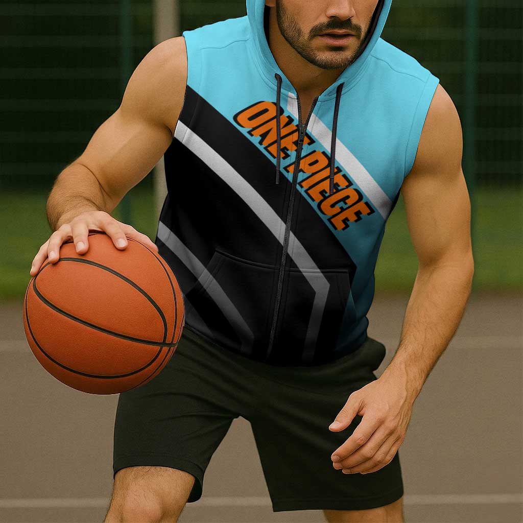 Nami One Piece Sleeveless Zip Hoodie with Weather Staff and Confident Adventure Pose Design - The Mazicc