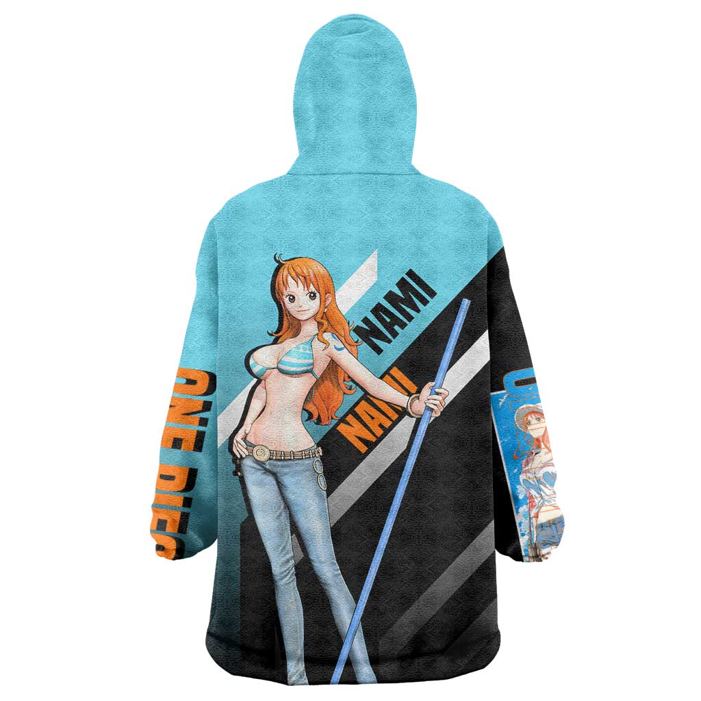 Nami One Piece Wearable Blanket Hoodie with Weather Staff and Confident Adventure Pose Design - The Mazicc
