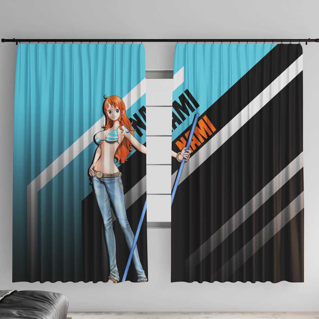 Nami One Piece Window Curtain with Weather Staff and Confident Adventure Pose Design - The Mazicc