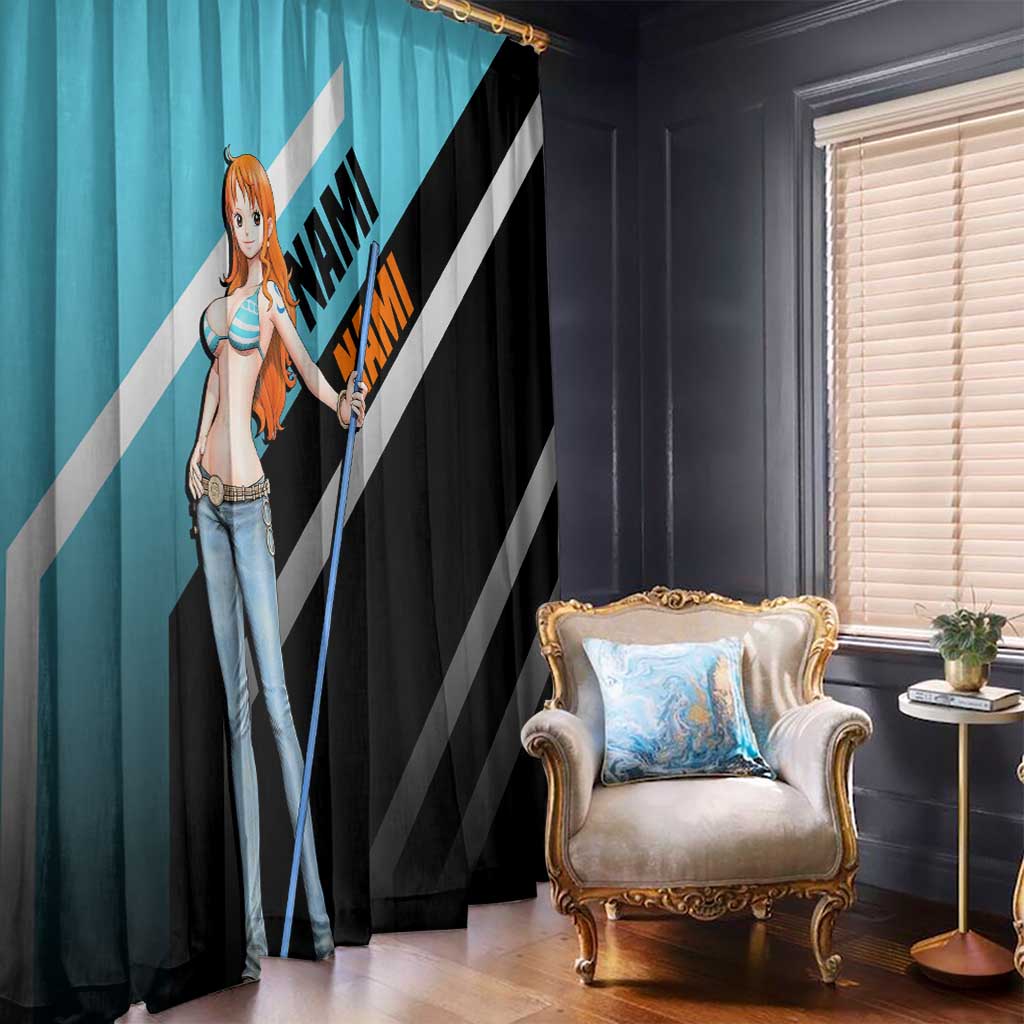 Nami One Piece Window Curtain with Weather Staff and Confident Adventure Pose Design - The Mazicc