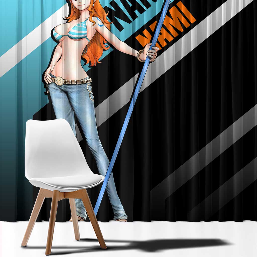 Nami One Piece Window Curtain with Weather Staff and Confident Adventure Pose Design - The Mazicc