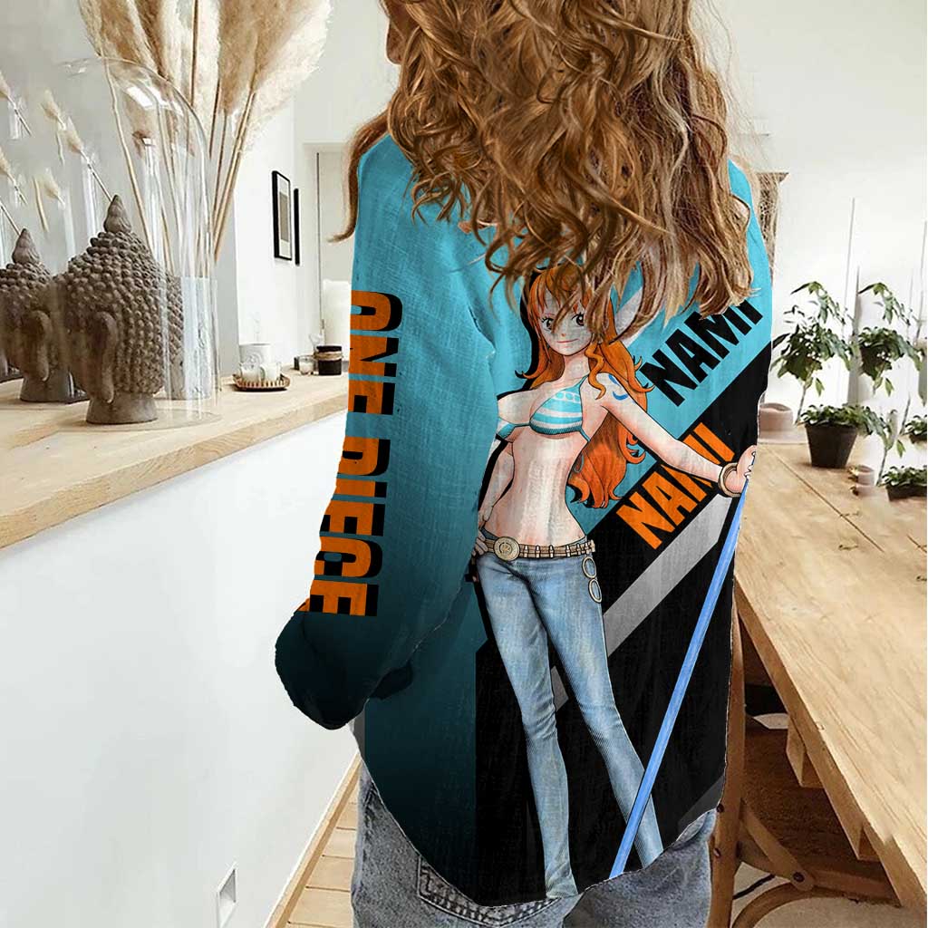 Nami One Piece Women Casual Shirt with Weather Staff and Confident Adventure Pose Design - The Mazicc