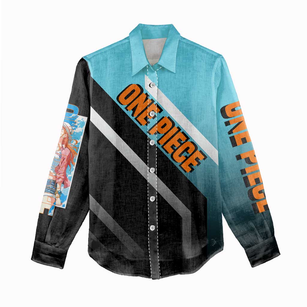 Nami One Piece Women Casual Shirt with Weather Staff and Confident Adventure Pose Design - The Mazicc