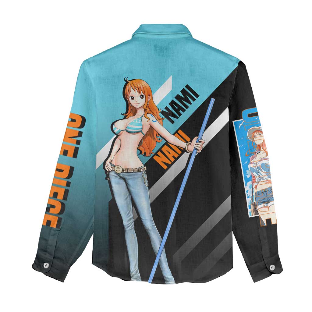 Nami One Piece Women Casual Shirt with Weather Staff and Confident Adventure Pose Design - The Mazicc