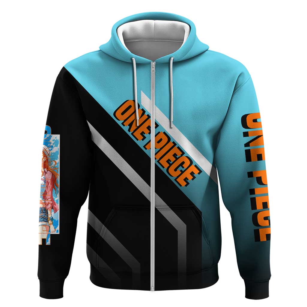 Nami One Piece Zip Hoodie with Weather Staff and Confident Adventure Pose Design - The Mazicc