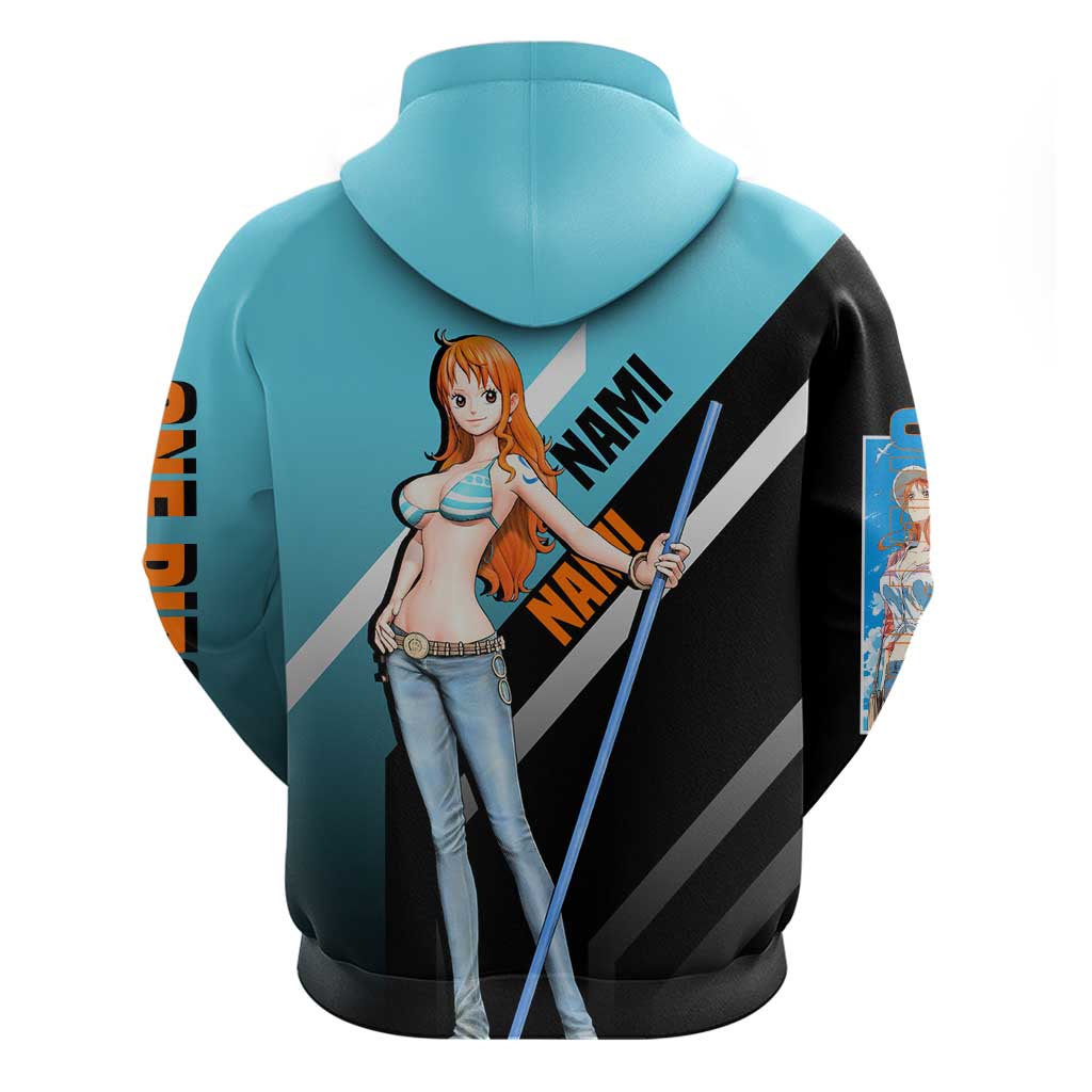 Nami One Piece Zip Hoodie with Weather Staff and Confident Adventure Pose Design - The Mazicc