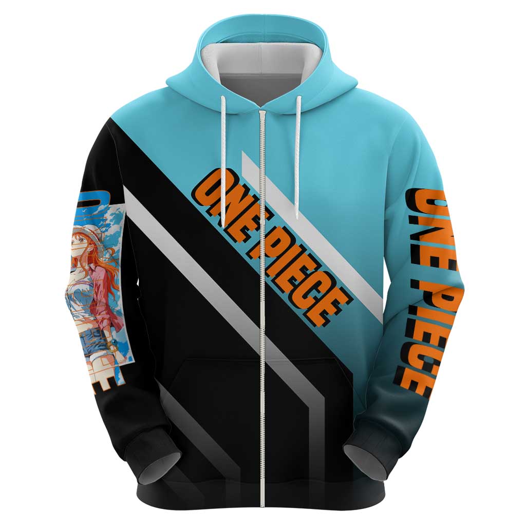 Nami One Piece Zip Hoodie with Weather Staff and Confident Adventure Pose Design - The Mazicc