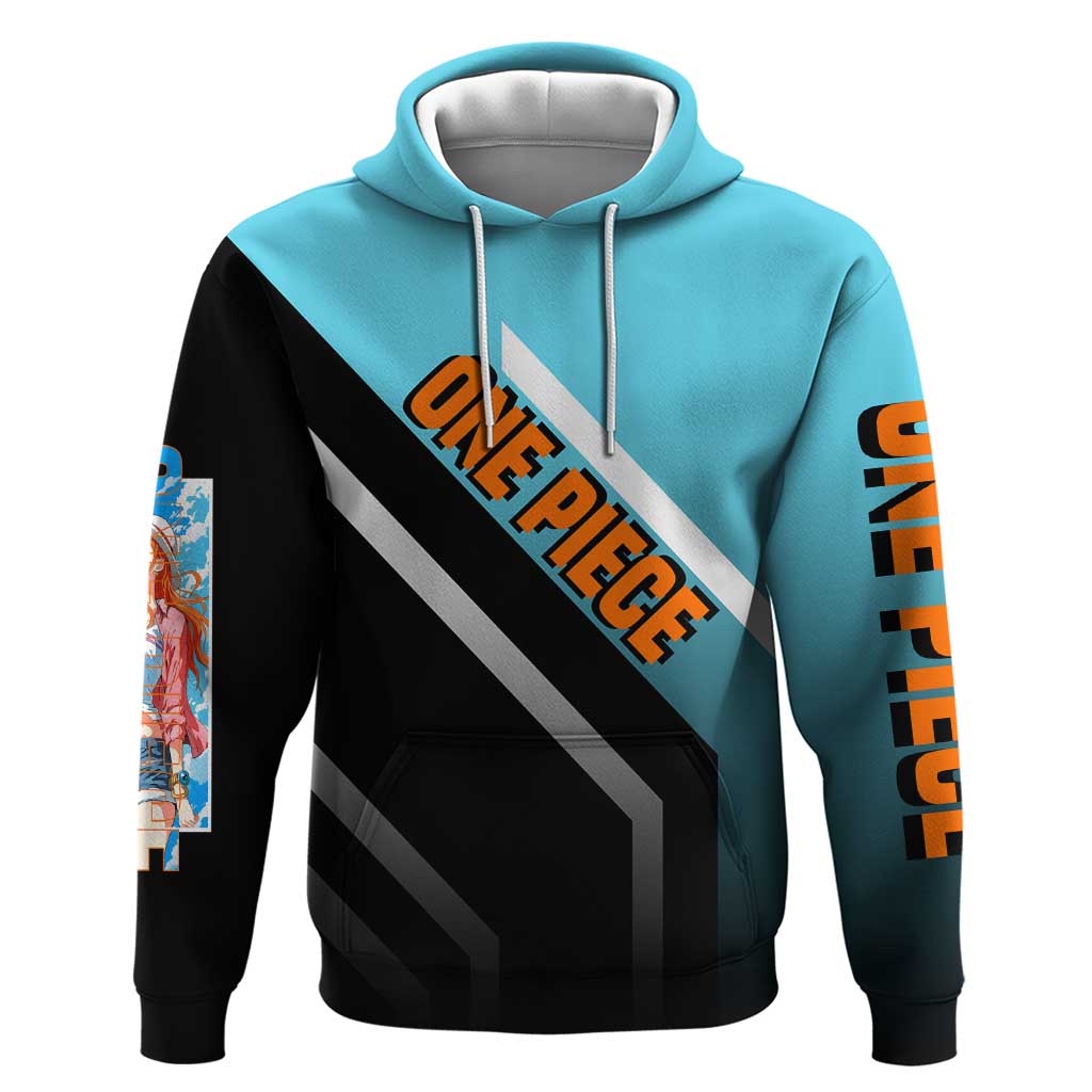 Nami One Piece Zip Hoodie with Weather Staff and Confident Adventure Pose Design - The Mazicc